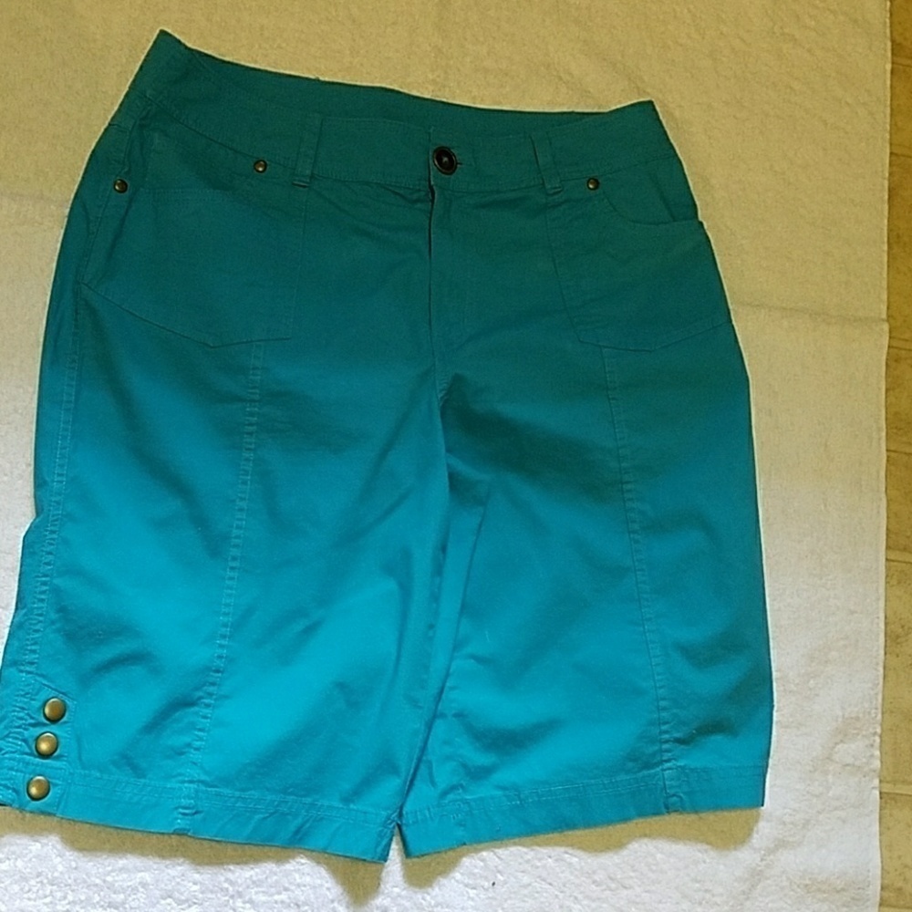 Kim Rogers Bermuda Shorts Size 14 Aqua Bronze Button Detail